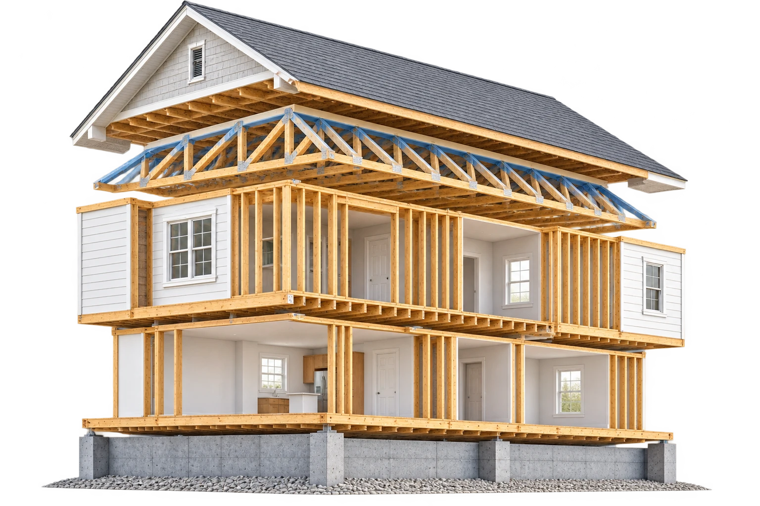 Exploded architectural house model showing its structural layers