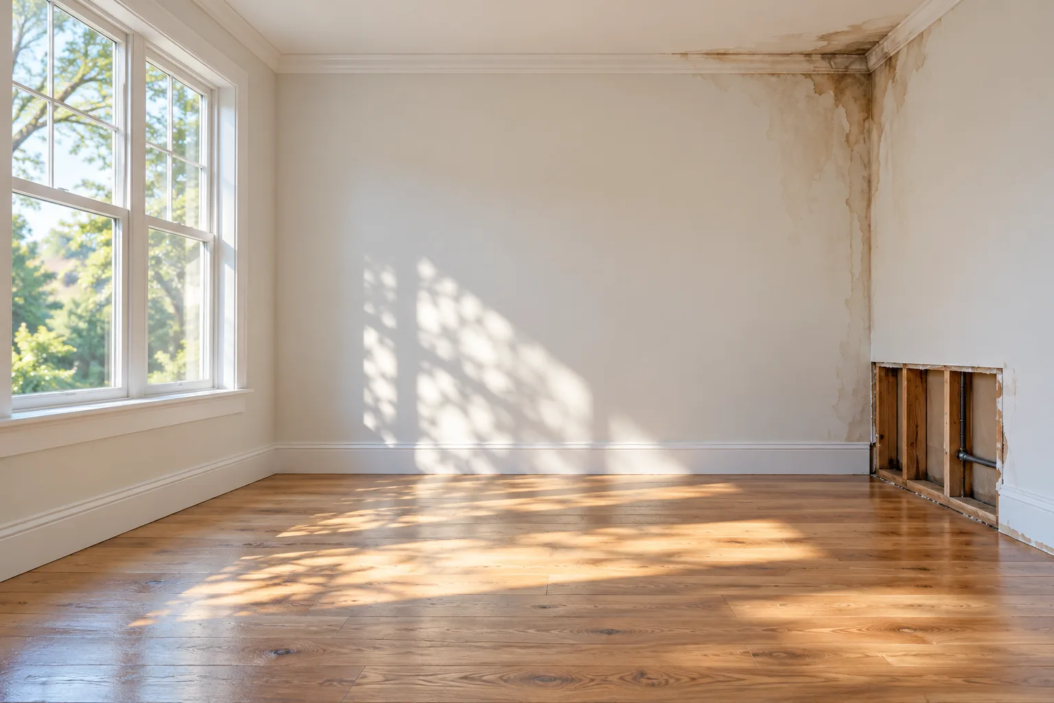 Illustrative water-stained room with exposed wall framing
