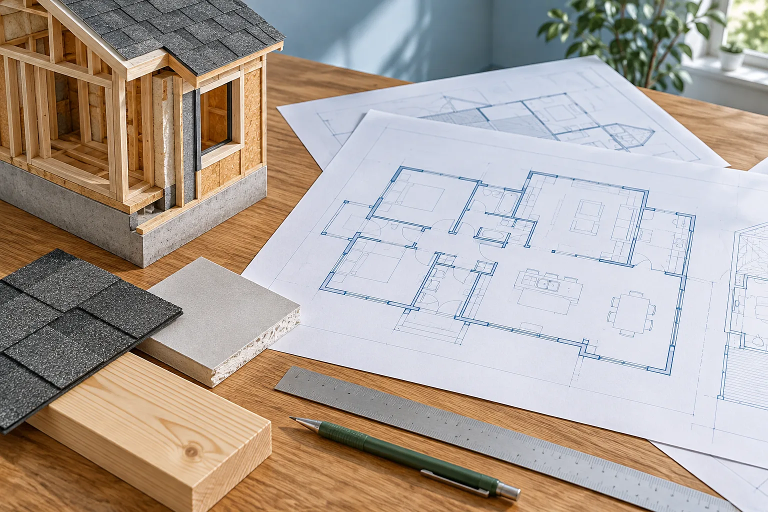 Illustrative building model and material samples alongside architectural plans